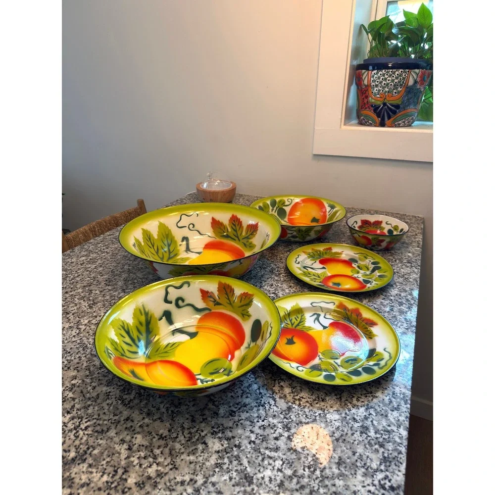 Vintage Mid Century Enamelware Fruit Dish Set of 6 Fall Kitchen Decor